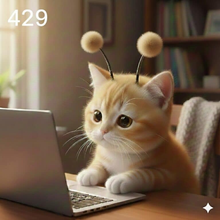 외계인 안테나를 쓴 아기 고양이가 노트북을 바라보고 있고, 왼쪽 상단에 429 숫자가 표시된 이미지