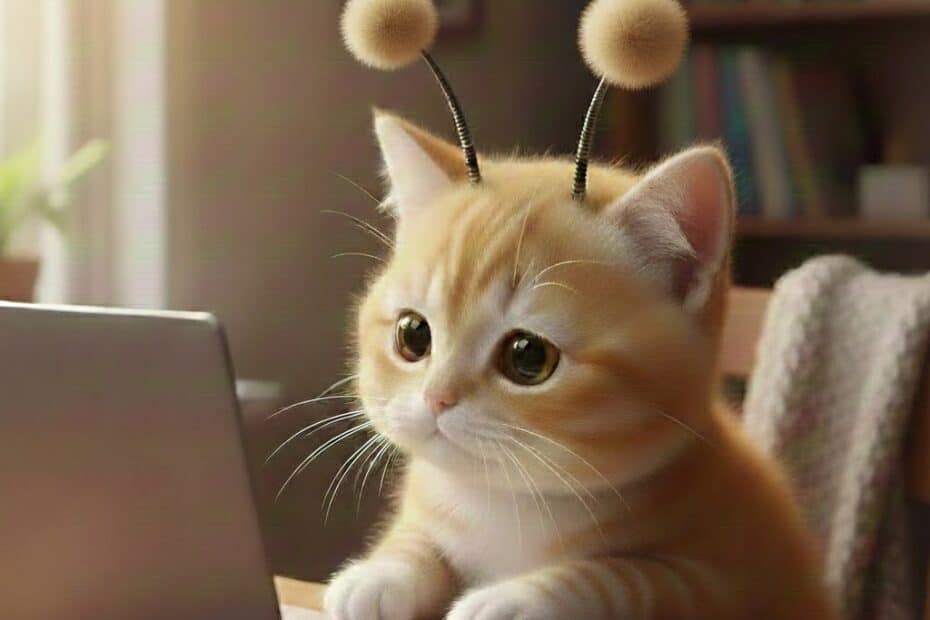 외계인 안테나를 쓴 아기 고양이가 노트북을 바라보고 있고, 왼쪽 상단에 429 숫자가 표시된 이미지