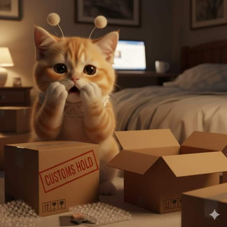 통관 불가로 보류된 해외직구 박스 앞에서 멘붕한 표정의 고양이 모습, CUSTOMS HOLD 스탬프가 찍힌 상자