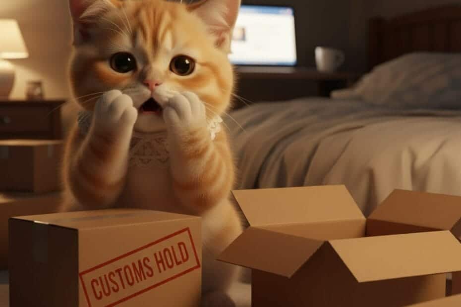 통관 불가로 보류된 해외직구 박스 앞에서 멘붕한 표정의 고양이 모습, CUSTOMS HOLD 스탬프가 찍힌 상자