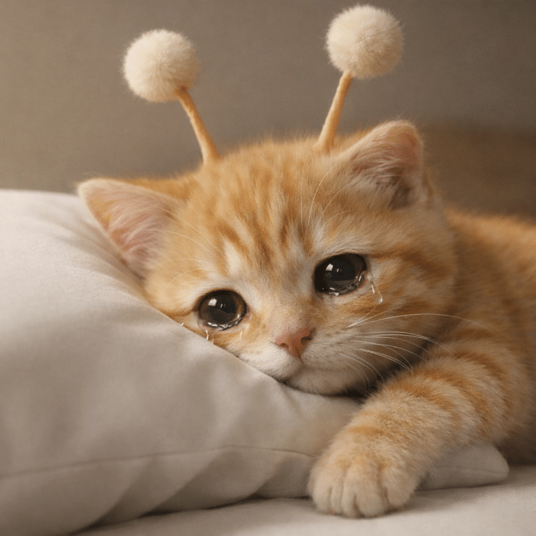 결제 실패 상황을 표현한 눈물 맺힌 아기 고양이 썸네일 이미지