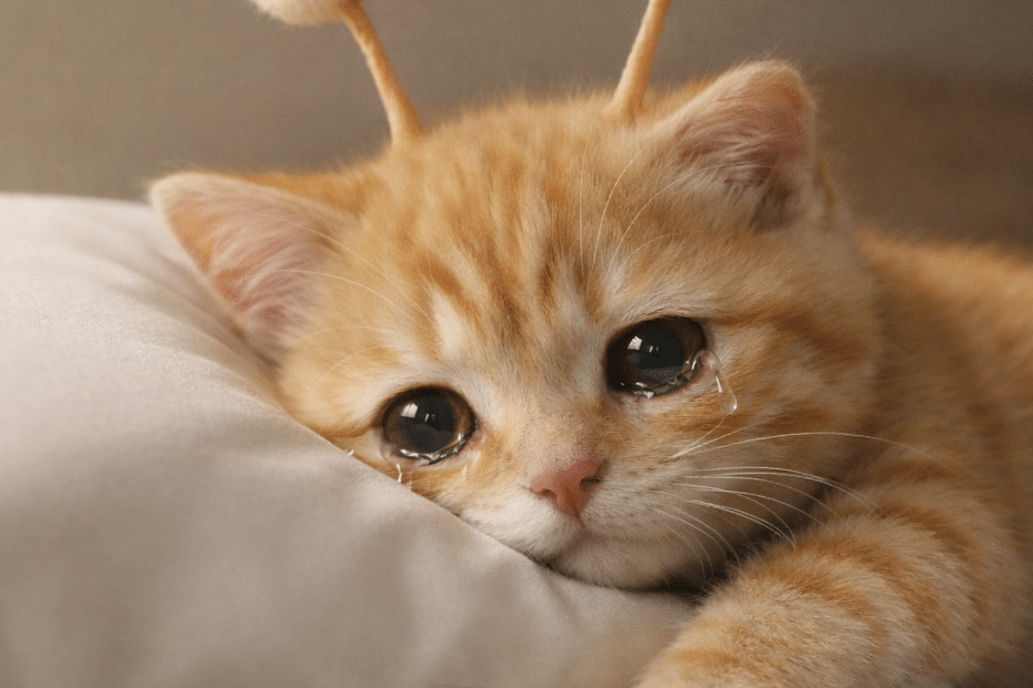 결제 실패 상황을 표현한 눈물 맺힌 아기 고양이 썸네일 이미지