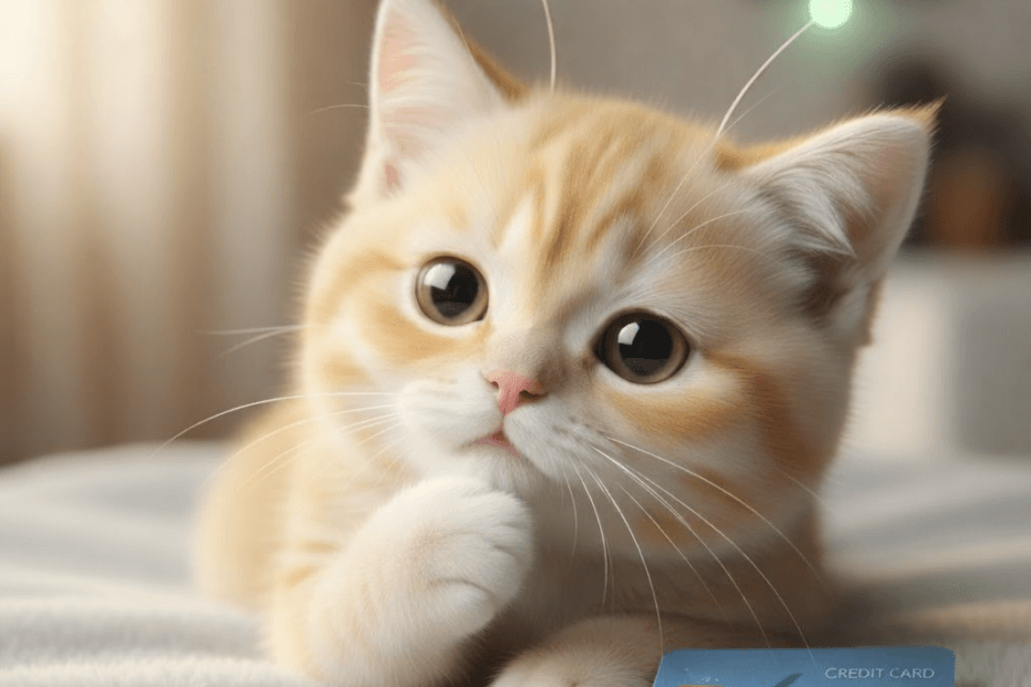 유튜브 프리미엄 OR-REH-04 오류 상황을 표현한 외계 안테나 고양이가 침대 위 신용카드를 바라보는 모습