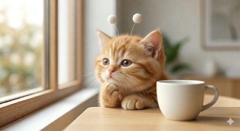 창가에서 커피잔을 앞에 두고 턱을 괴며 고민하는 외계고양이 스텔라