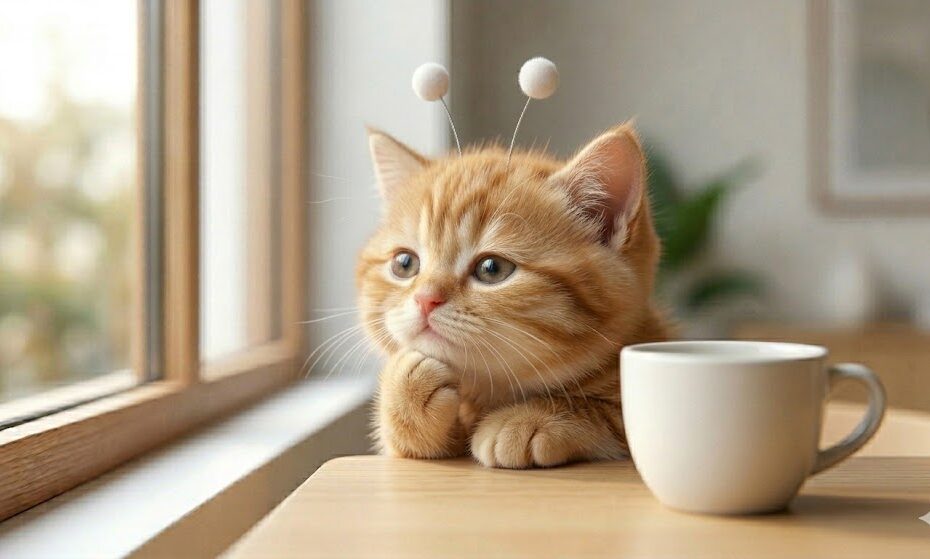 창가에서 커피잔을 앞에 두고 턱을 괴며 고민하는 외계고양이 스텔라