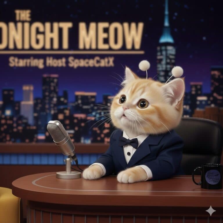 유튜브 국가 제한 오류를 설명하는 토크쇼 콘셉트 고양이 이미지, SNL 한국 차단 사례 관련