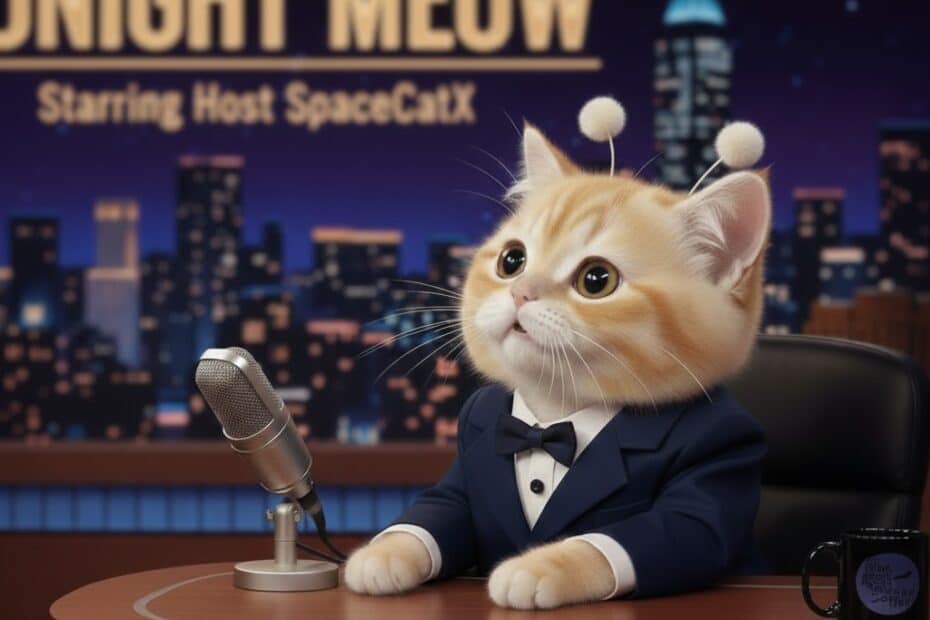 유튜브 국가 제한 오류를 설명하는 토크쇼 콘셉트 고양이 이미지, SNL 한국 차단 사례 관련