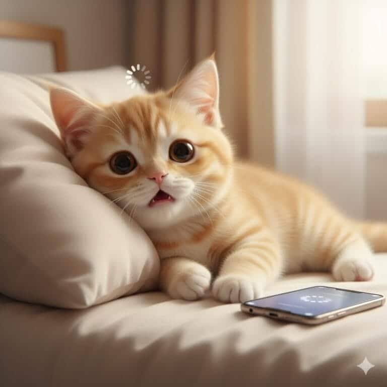 아이폰 무한 로딩 화면을 바라보는 고양이 이미지