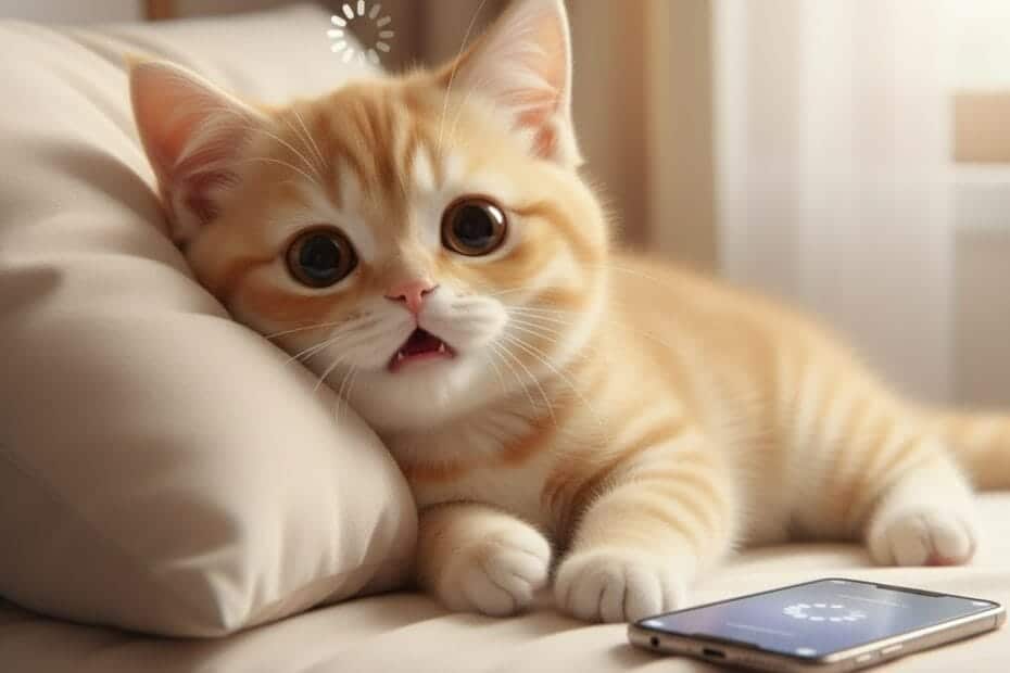 아이폰 무한 로딩 화면을 바라보는 고양이 이미지