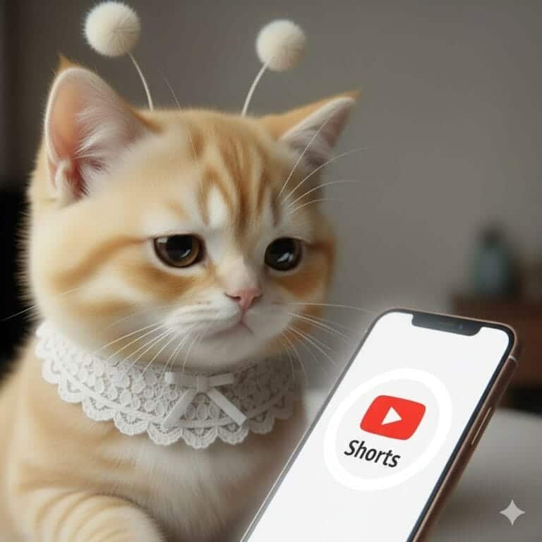 아이패드에서 유튜브 숏츠가 멈춘 화면을 보고 있는 고양이