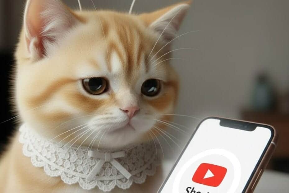 아이패드에서 유튜브 숏츠가 멈춘 화면을 보고 있는 고양이