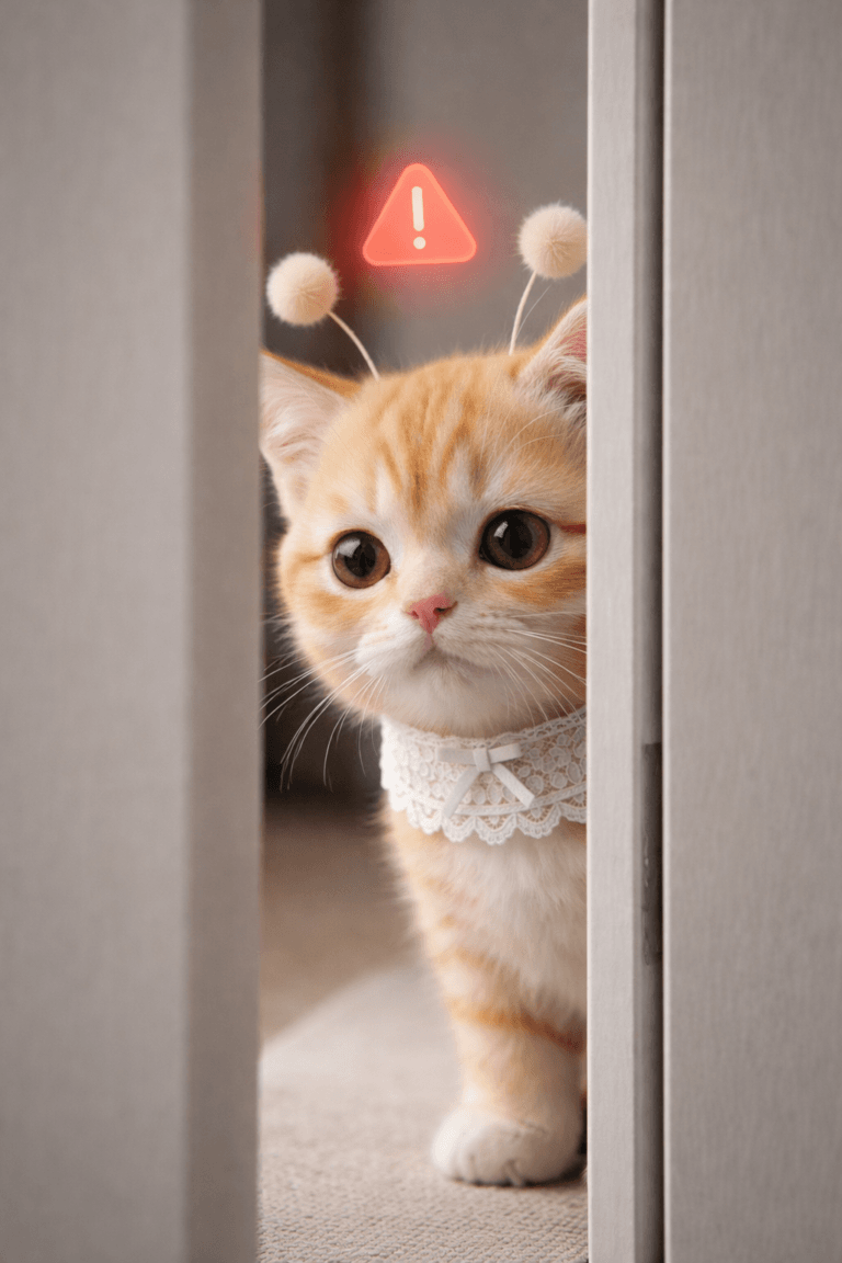 토스페이 결제 중 위험거래 감지로 차단된 상황을 표현한 경고 아이콘과 문 사이로 얼굴을 내민 고양이 이미지