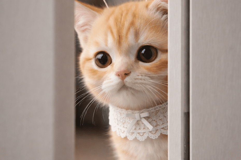 토스페이 결제 중 위험거래 감지로 차단된 상황을 표현한 경고 아이콘과 문 사이로 얼굴을 내민 고양이 이미지