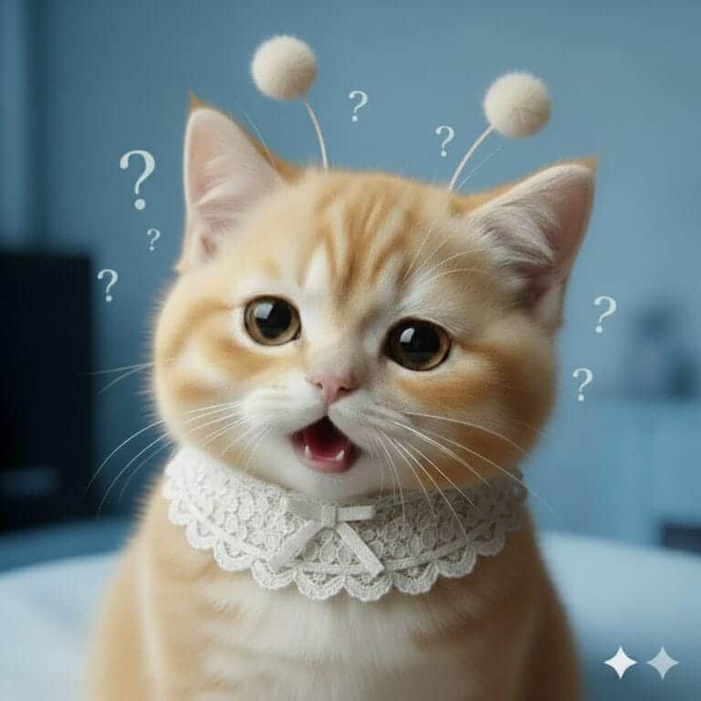 iOS 업데이트 후 Apple ID 암호 입력 반복 상황을 표현한 물음표가 떠 있는 궁금한 표정의 고양이 이미지