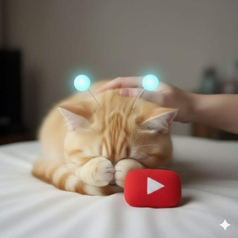 얼굴을 파묻고 울고 있는 외계 고양이 스텔라, 안테나가 은은하게 발광하고 앞에 빨간 유튜브 쿠션이 놓여 있다