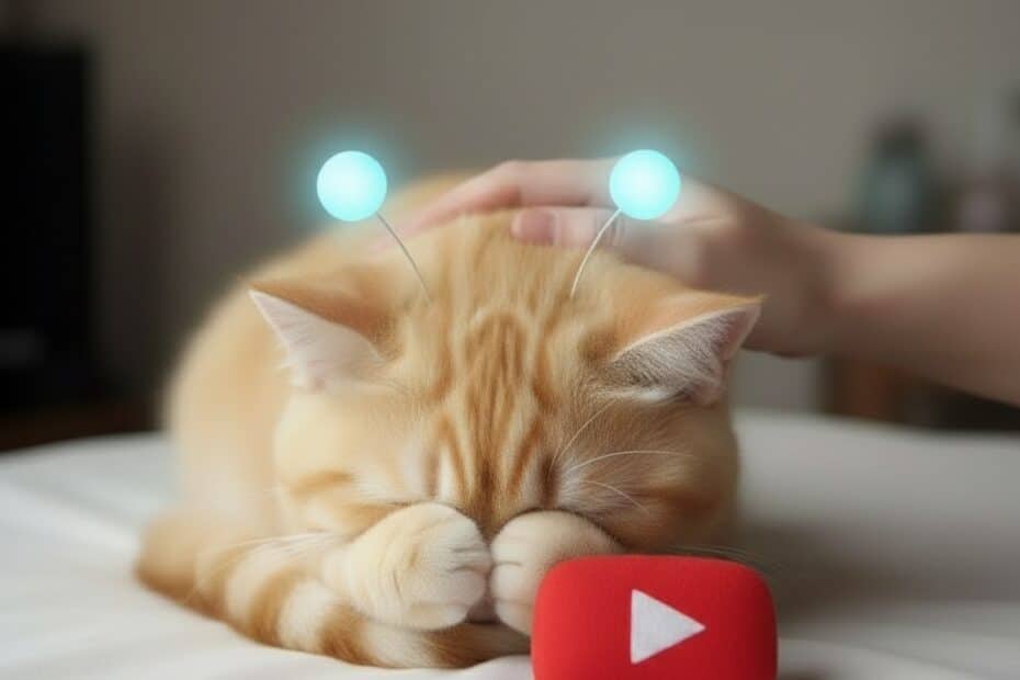 얼굴을 파묻고 울고 있는 외계 고양이 스텔라, 안테나가 은은하게 발광하고 앞에 빨간 유튜브 쿠션이 놓여 있다