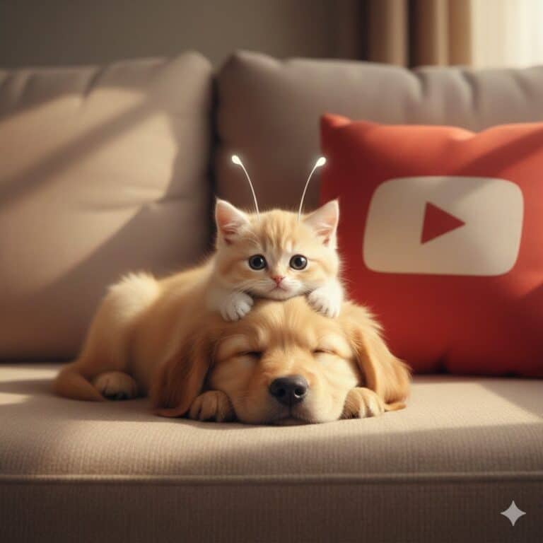 유튜브 숏츠 무한로딩 상황을 표현한 썸네일 이미지. 아기 골든리트리버 위에 더듬이를 단 고양이가 올라가 있고, 뒤에는 유튜브 로고 쿠션이 놓여 있다.