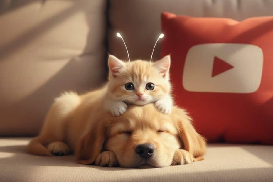 유튜브 숏츠 무한로딩 상황을 표현한 썸네일 이미지. 아기 골든리트리버 위에 더듬이를 단 고양이가 올라가 있고, 뒤에는 유튜브 로고 쿠션이 놓여 있다.