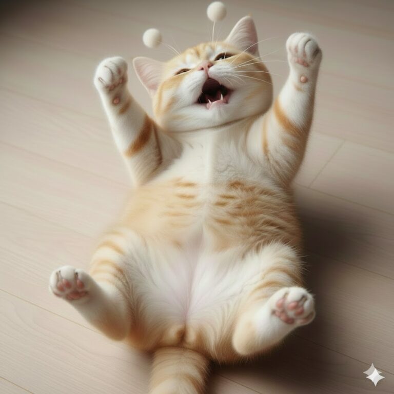 유튜브 홈 화면이 뜨지 않는 오류를 표현한 폼폼 안테나 고양이 스텔라가 마루 바닥에 드러누워 땡깡 부리는 모습