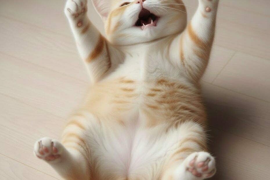 유튜브 홈 화면이 뜨지 않는 오류를 표현한 폼폼 안테나 고양이 스텔라가 마루 바닥에 드러누워 땡깡 부리는 모습