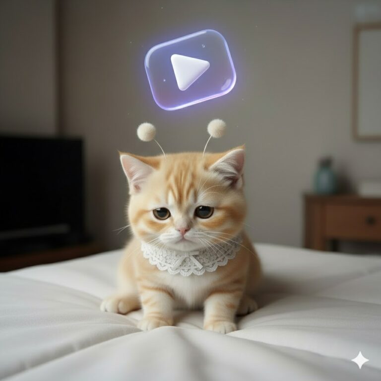 유튜브 플레이어에서 다음 버튼이 보이지 않는 상황을 표현한 나라 잃은 표정의 고양이와 3D 플레이 버튼