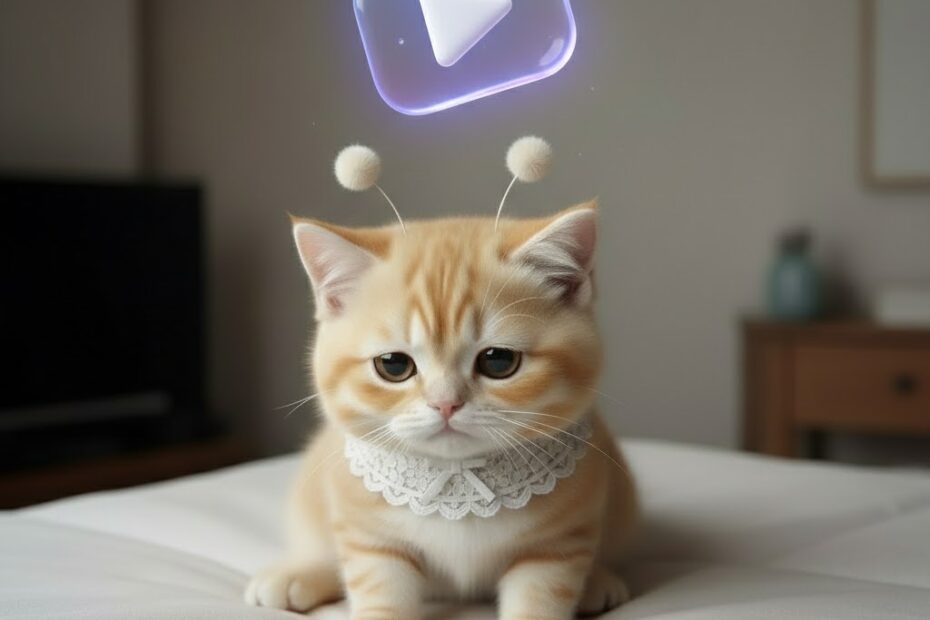 유튜브 플레이어에서 다음 버튼이 보이지 않는 상황을 표현한 나라 잃은 표정의 고양이와 3D 플레이 버튼