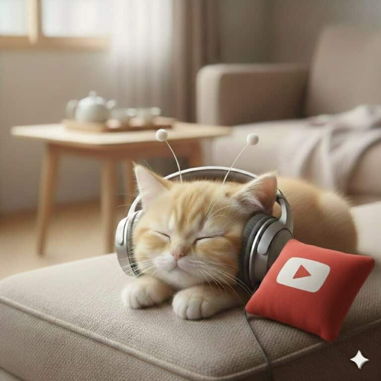 외계인 안테나를 단 아기 고양이가 헤드셋을 착용한 채 소파 위에 누워 있는 모습