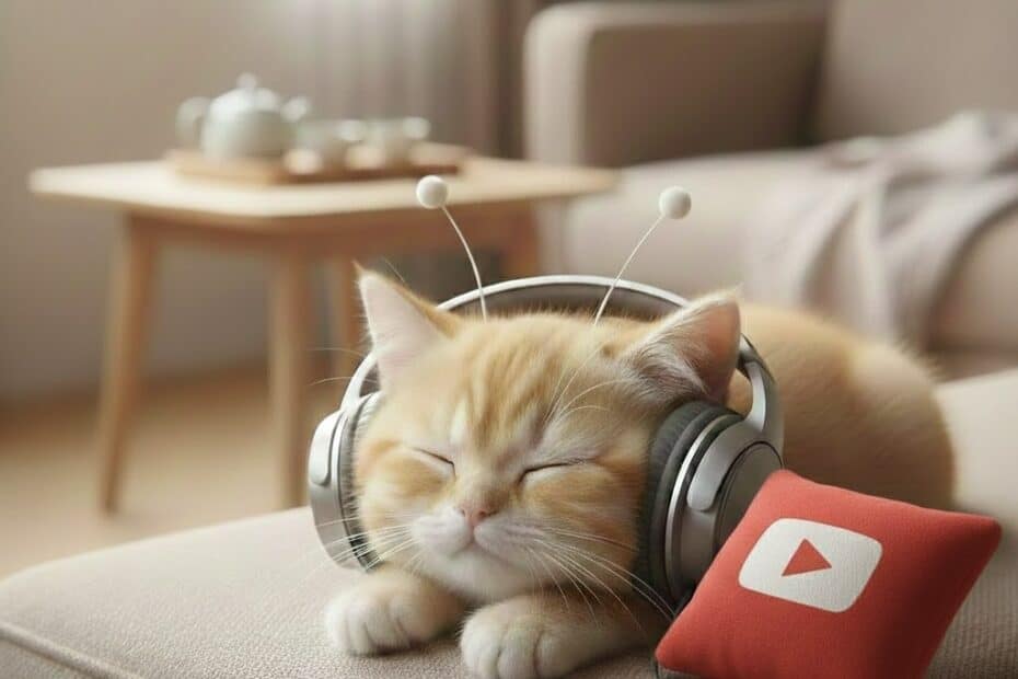 외계인 안테나를 단 아기 고양이가 헤드셋을 착용한 채 소파 위에 누워 있는 모습