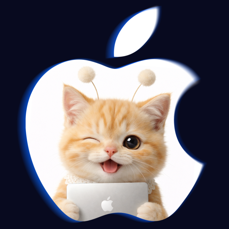 폼폼 안테나를 단 치즈색 고양이 스텔라가 실버 노트북을 들고 윙크하며 웃고 있는 애플 스타일 썸네일