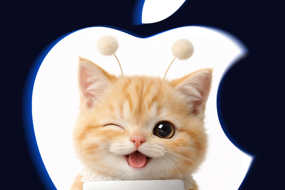 폼폼 안테나를 단 치즈색 고양이 스텔라가 실버 노트북을 들고 윙크하며 웃고 있는 애플 스타일 썸네일