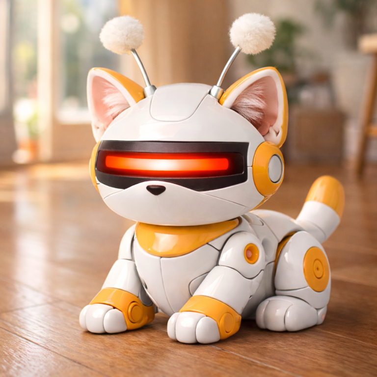 폼폼 안테나와 싸이클롭스 눈을 가진 치즈색 로봇 고양이 스텔라가 밝은 원목 마룻바닥 위에 앉아 있는 모습