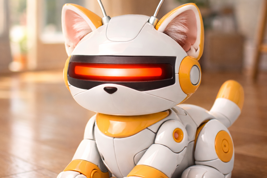 폼폼 안테나와 싸이클롭스 눈을 가진 치즈색 로봇 고양이 스텔라가 밝은 원목 마룻바닥 위에 앉아 있는 모습