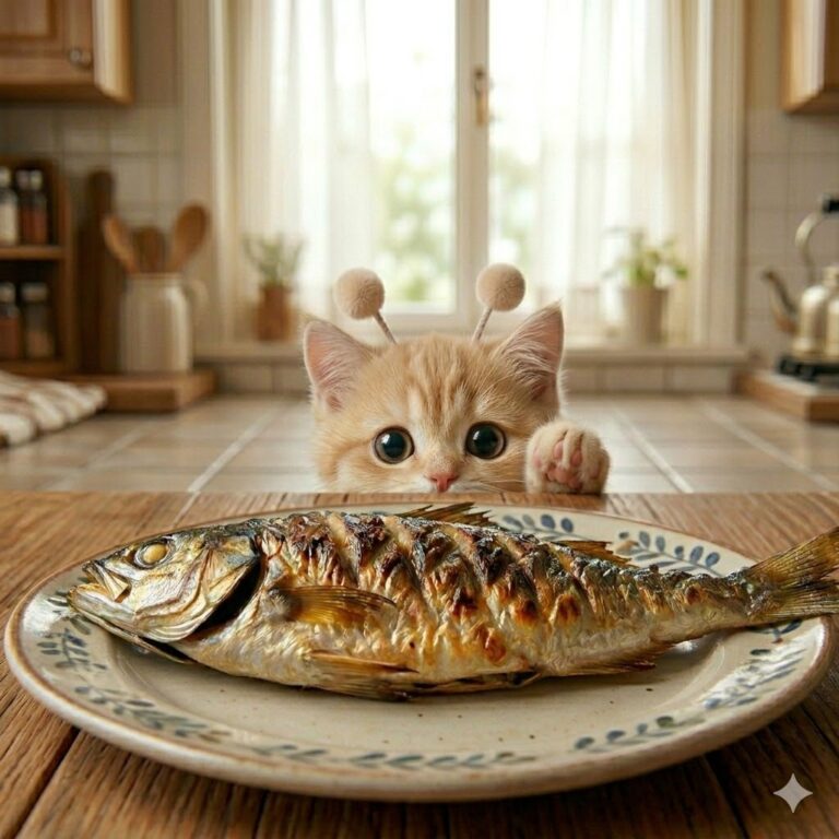식탁 위 구운 생선을 몰래 잡으려는 아기 고양이 모습