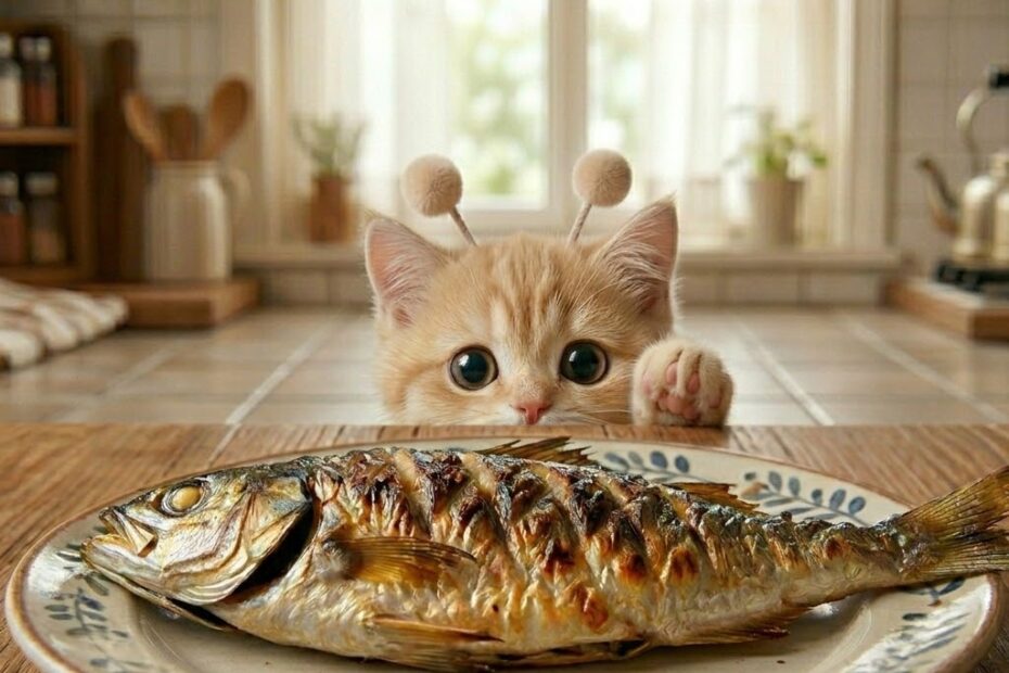 식탁 위 구운 생선을 몰래 잡으려는 아기 고양이 모습