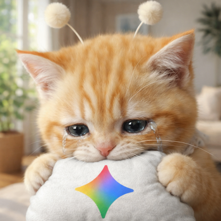 자연광이 들어오는 집 안에서 눈물을 글썽이며 제미나이 로고가 그려진 흰 쿠션을 깨물고 있는 스텔라 고양이 썸네일