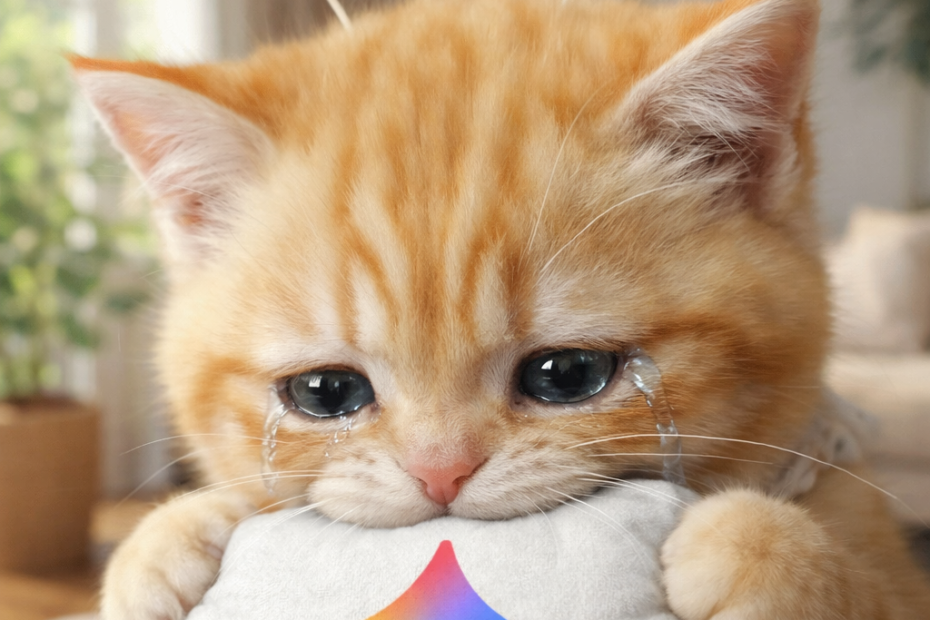 자연광이 들어오는 집 안에서 눈물을 글썽이며 제미나이 로고가 그려진 흰 쿠션을 깨물고 있는 스텔라 고양이 썸네일