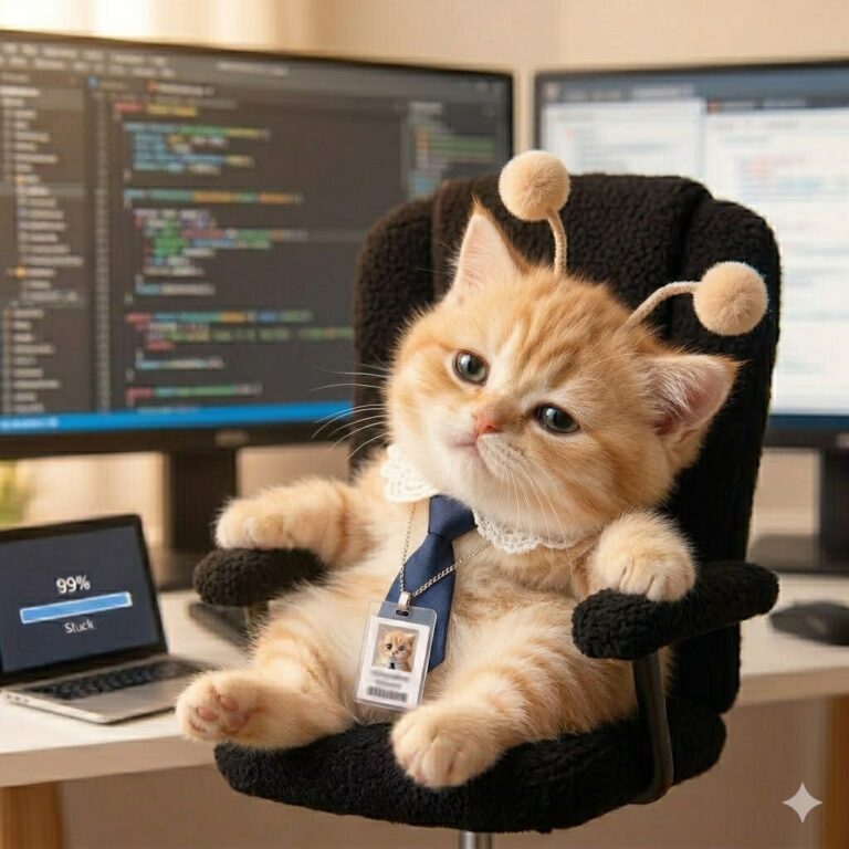 Baby kitten in office chair with lace collar and navy tie, looking tired while upload is stuck at 99 percent