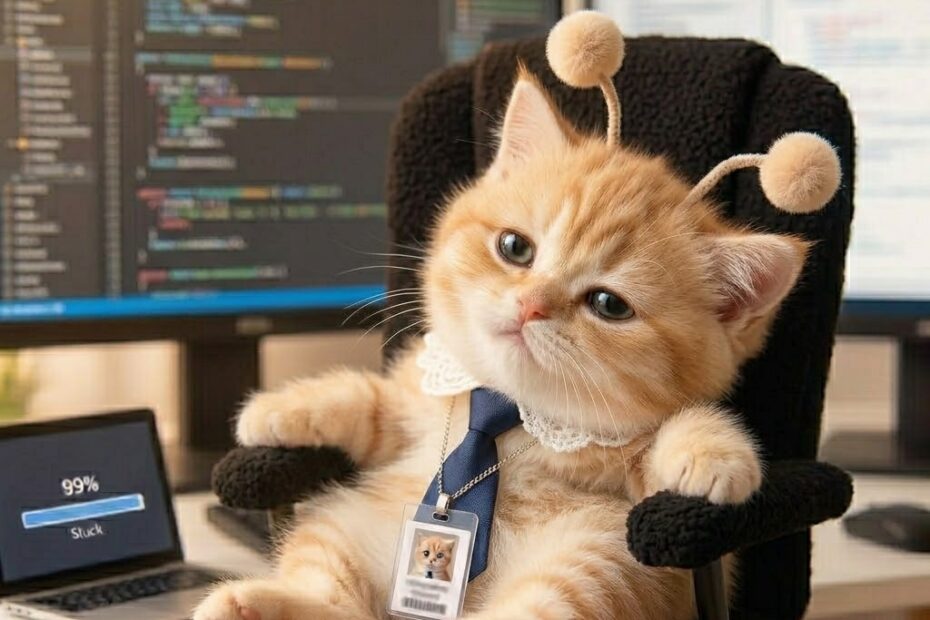 Baby kitten in office chair with lace collar and navy tie, looking tired while upload is stuck at 99 percent
