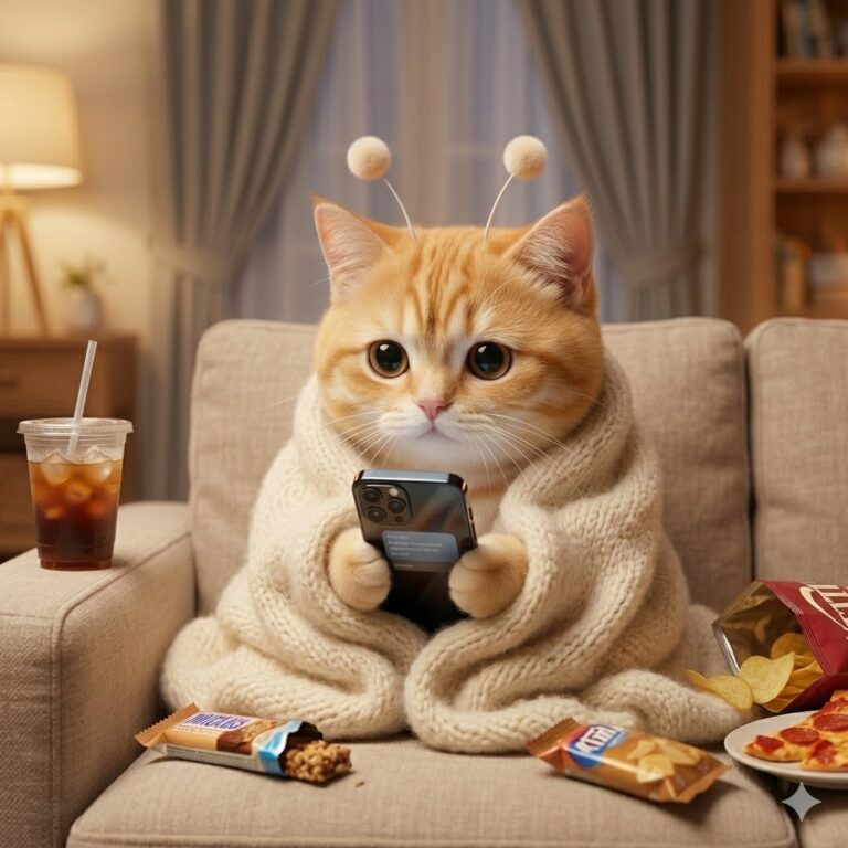 인스타 맞팔인데 DM 버튼이 보이지 않아 휴대폰을 확인하는 스텔라 고양이