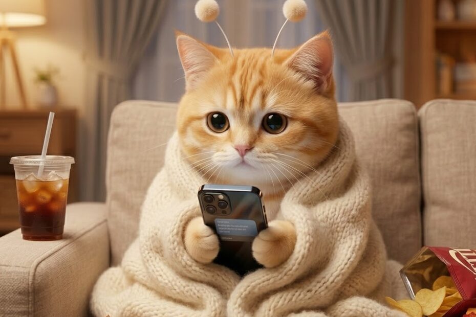 인스타 맞팔인데 DM 버튼이 보이지 않아 휴대폰을 확인하는 스텔라 고양이