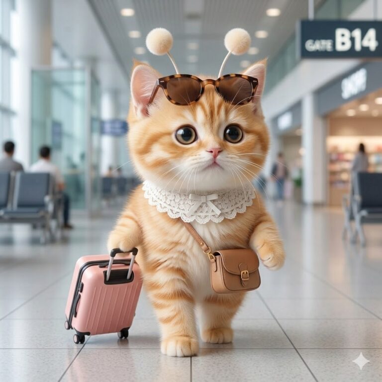 해외 공항에서 캐리어를 끌고 여행하는 아기 고양이 캐릭터 스텔라