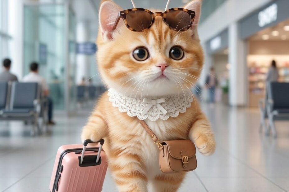 해외 공항에서 캐리어를 끌고 여행하는 아기 고양이 캐릭터 스텔라