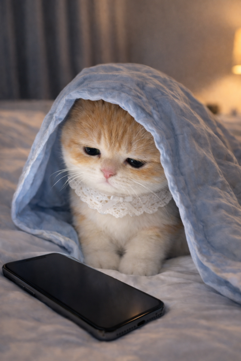 시무룩하게 폰을 내려다 보는 스텔라캣