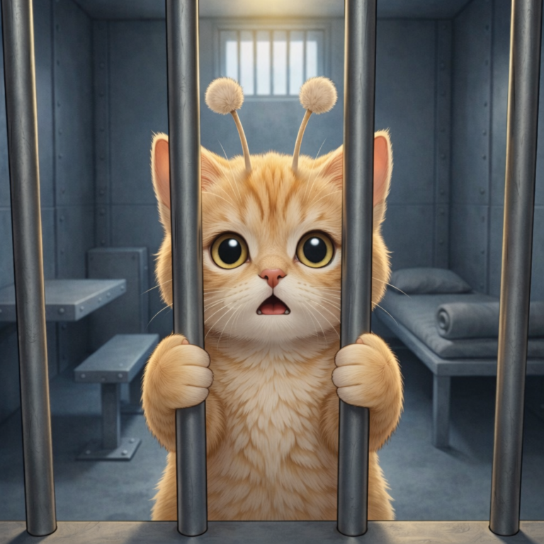 경찰서 유치장에 있는 고양이 캐릭터가 진술서 작성 전 연행된 모습