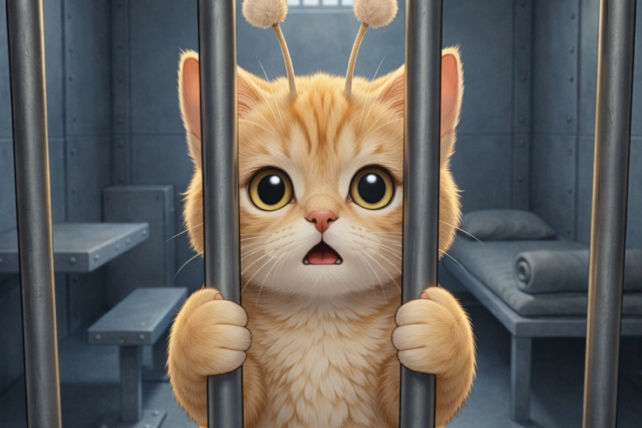 경찰서 유치장에 있는 고양이 캐릭터가 진술서 작성 전 연행된 모습