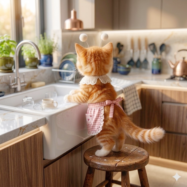폼폼 안테나를 단 아기 고양이 스텔라가 분홍 앞치마를 입고 의자 위에 올라가 싱크대에서 설거지하는 모습