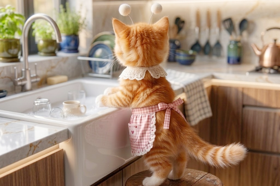 폼폼 안테나를 단 아기 고양이 스텔라가 분홍 앞치마를 입고 의자 위에 올라가 싱크대에서 설거지하는 모습