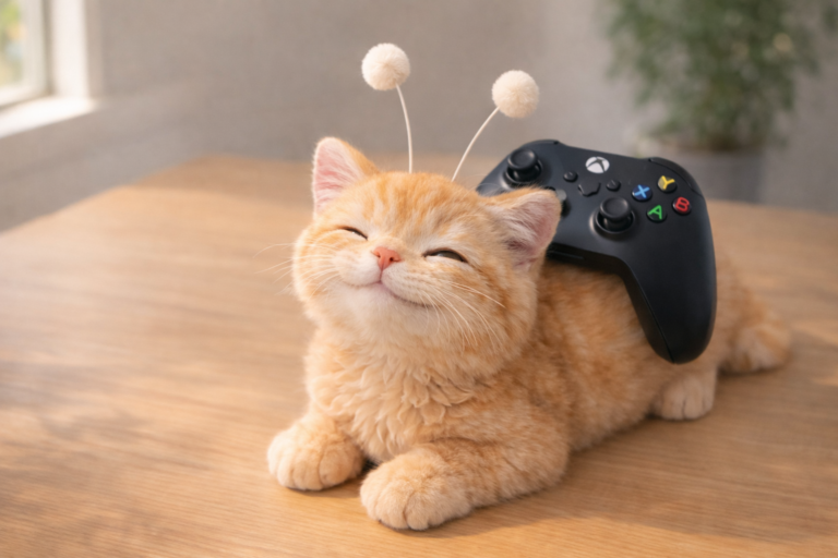 폼폼 안테나를 한 귀여운 고양이 스텔라가 엑스박스 컨트롤러를 등에 올리고 있는 모습