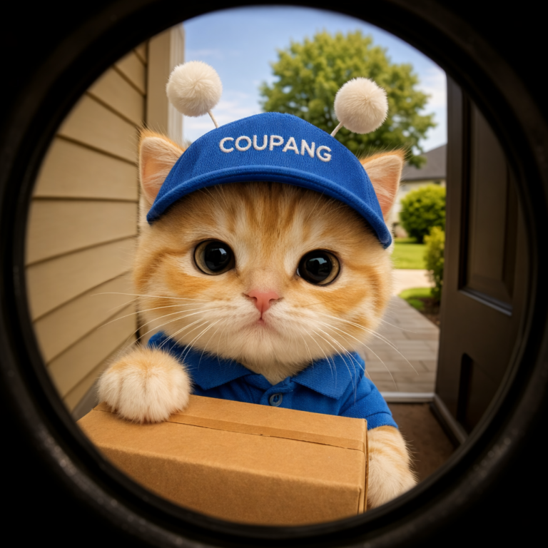 치즈색 아기 고양이 스텔라가 쿠팡 파란 모자와 파란 카라티를 입고 택배 상자를 들고 서 있다. 머리 위에는 스텔라의 상징인 폼폼 안테나가 달려 있으며, 귀엽지만 약간 심술맞은 눈으로 문 안쪽을 바라보고 있다. 자연광이 들어오는 집 현관 앞 배경.