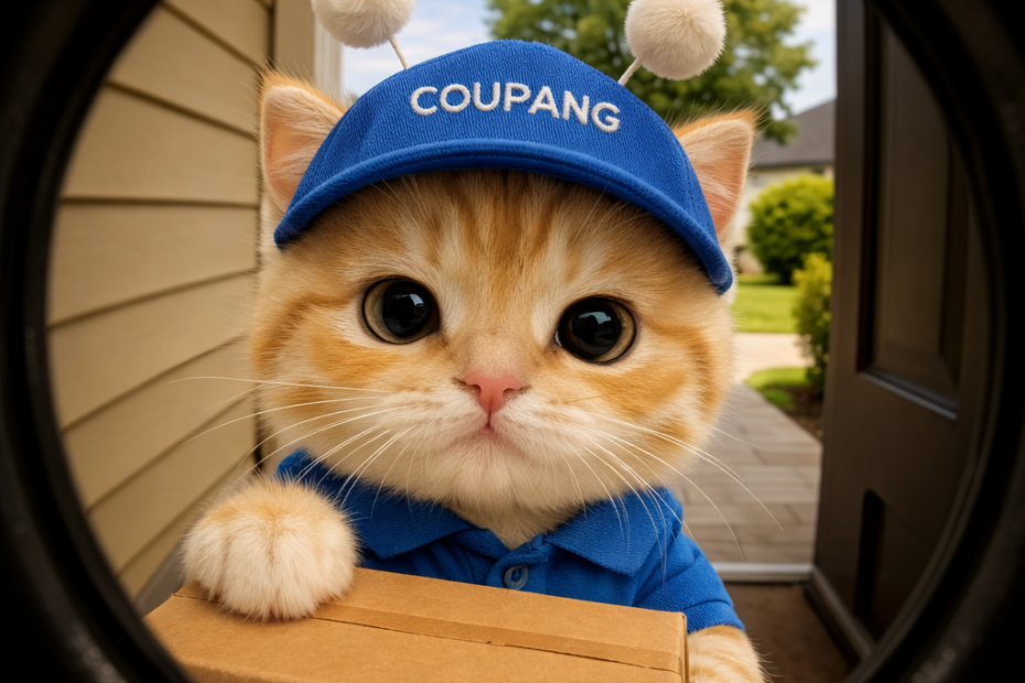 치즈색 아기 고양이 스텔라가 쿠팡 파란 모자와 파란 카라티를 입고 택배 상자를 들고 서 있다. 머리 위에는 스텔라의 상징인 폼폼 안테나가 달려 있으며, 귀엽지만 약간 심술맞은 눈으로 문 안쪽을 바라보고 있다. 자연광이 들어오는 집 현관 앞 배경.